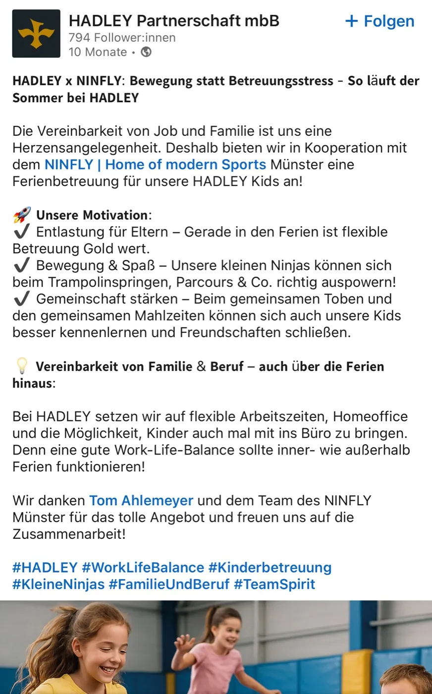 LinkedIn-Beitrag über Kinderbetreuung als Arbeitgeber-Benefit